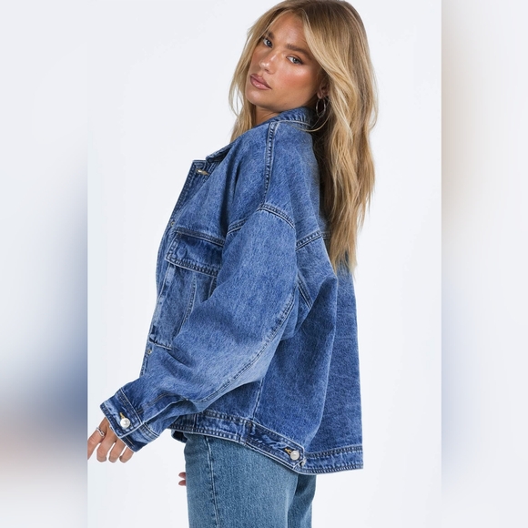 Oversized Denim Jacket Button-Up Collared Retro 90s Boyfriend Heavy Blue Jean - Picture 4 of 16